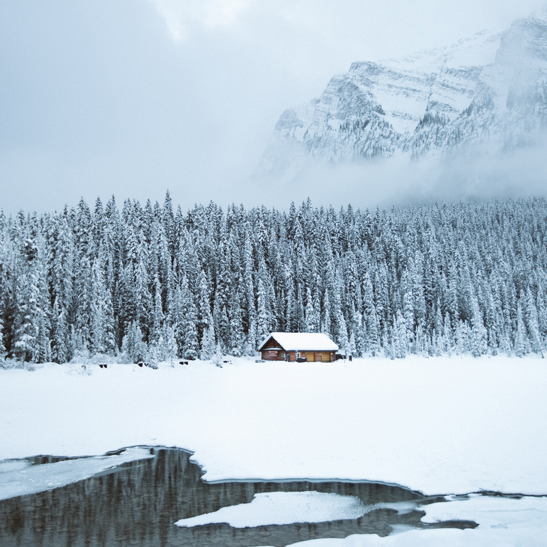 Frozen lake with snow covered cabin and a snow covered forest of trees behind the cabin. Be winter ready.