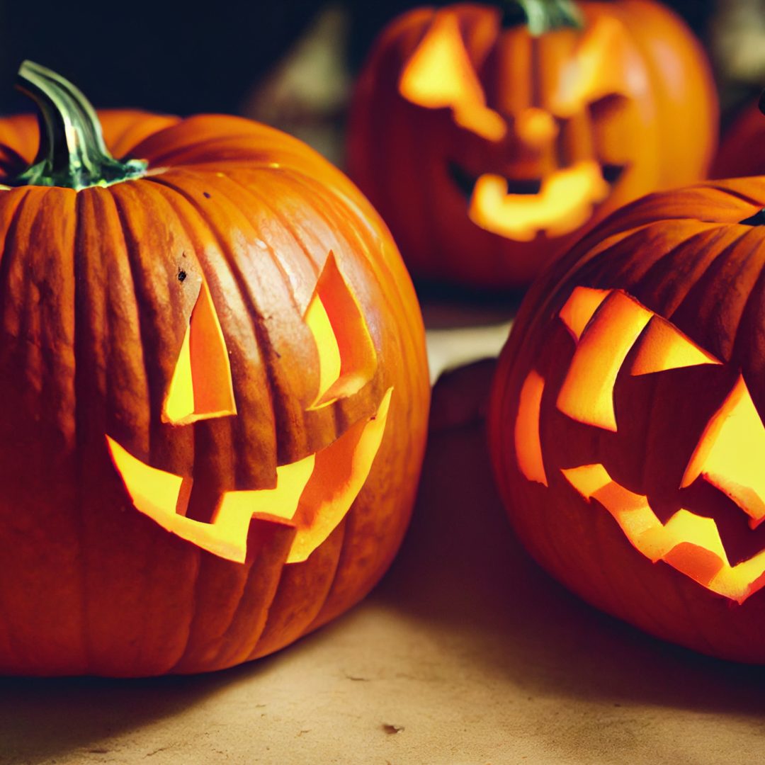 carved pumpkins that are jackolanterns lit with candles. Halloween safety